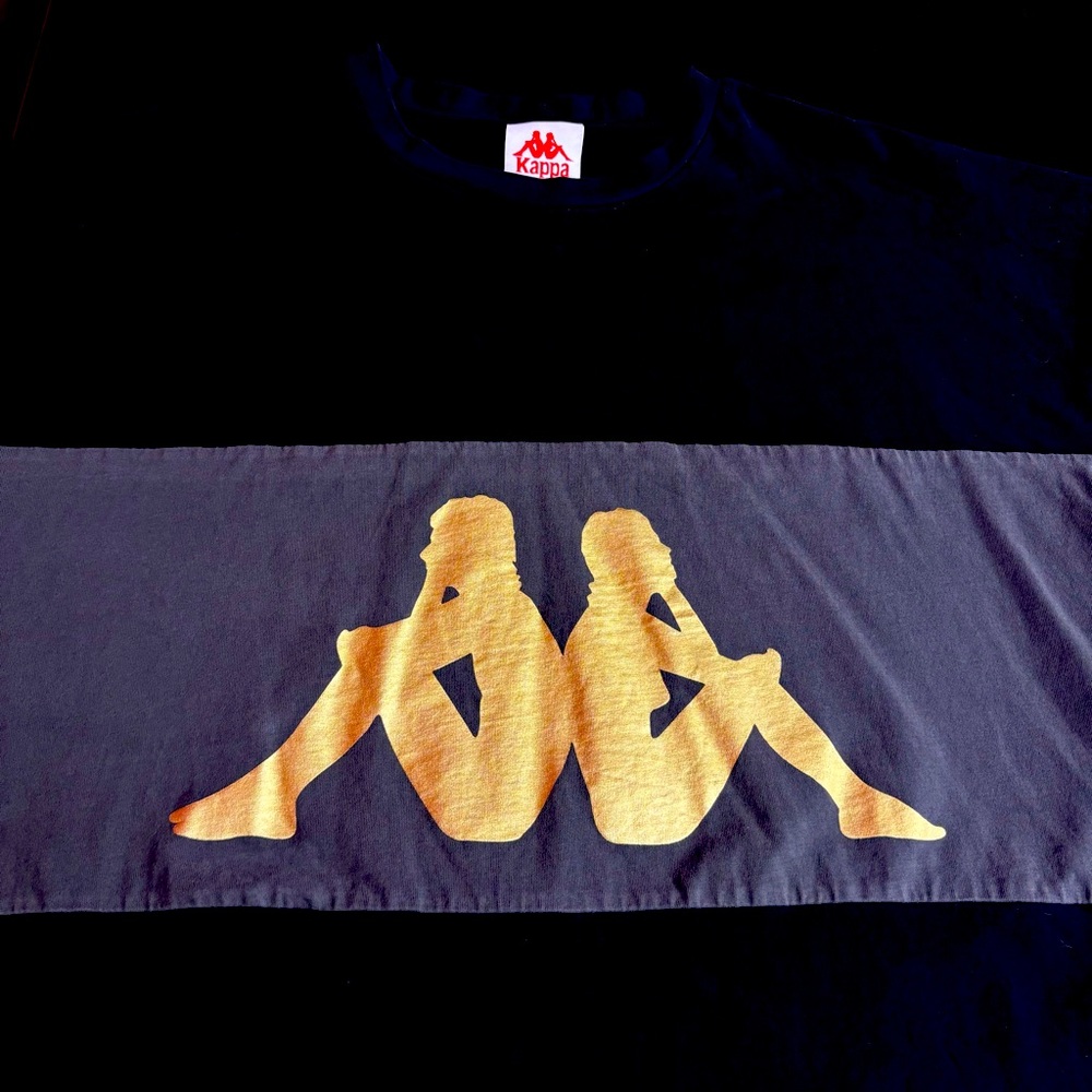 Authentic Kappa T shirt Mens Size  Black with grey color block & gold Kappa logo